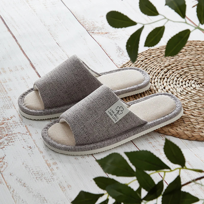 Men's Linen Slippers Breathable Open-Toe Non-Slip House Shoes, Lightweight & Quiet Slides for All Seasons, Guest Indoor Slippers