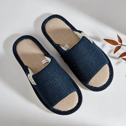 Men's Linen Slippers Breathable Open-Toe Non-Slip House Shoes, Lightweight & Quiet Slides for All Seasons, Guest Indoor Slippers