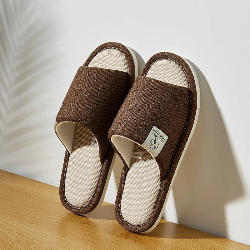 Men's Linen Slippers Breathable Open-Toe Non-Slip House Shoes, Lightweight & Quiet Slides for All Seasons, Guest Indoor Slippers
