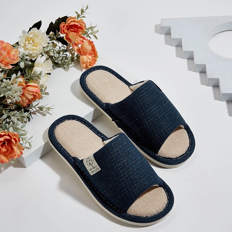 Men's Linen Slippers Breathable Open-Toe Non-Slip House Shoes, Lightweight & Quiet Slides for All Seasons, Guest Indoor Slippers