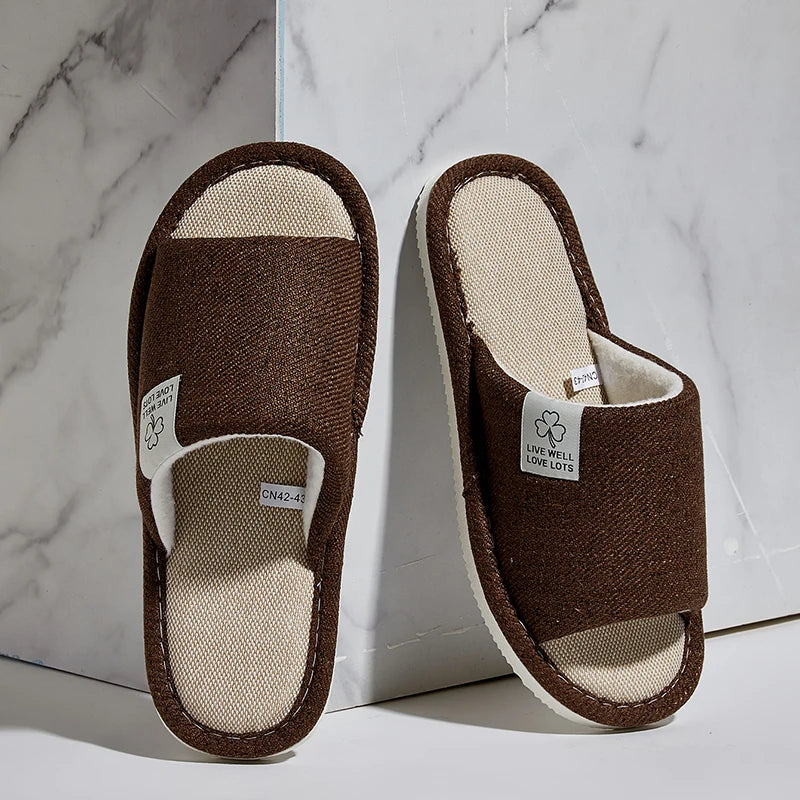 Men's Linen Slippers Breathable Open-Toe Non-Slip House Shoes, Lightweight & Quiet Slides for All Seasons, Guest Indoor Slippers