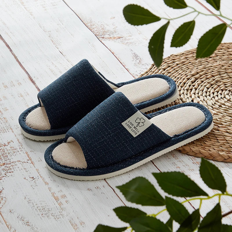 Men's Linen Slippers Breathable Open-Toe Non-Slip House Shoes, Lightweight & Quiet Slides for All Seasons, Guest Indoor Slippers