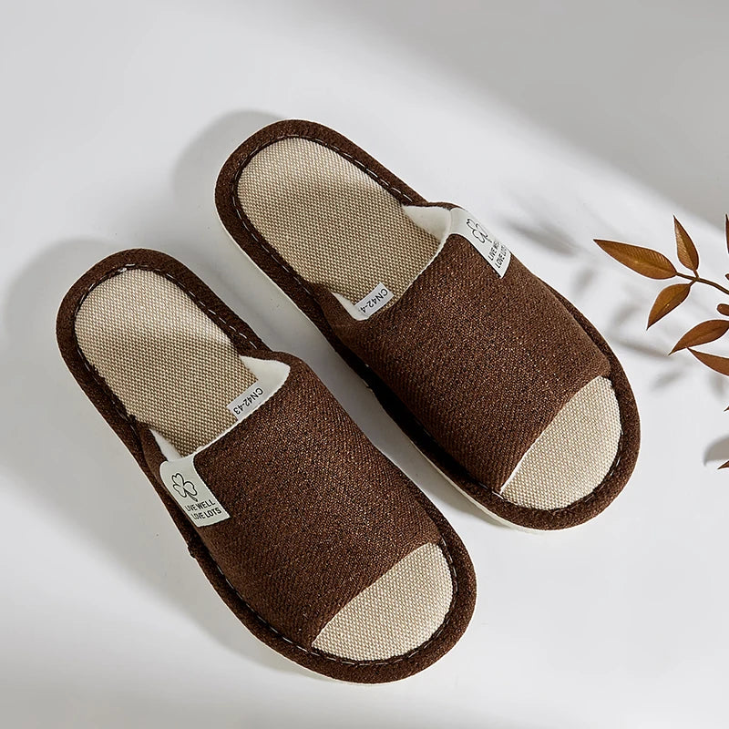 Men's Linen Slippers Breathable Open-Toe Non-Slip House Shoes, Lightweight & Quiet Slides for All Seasons, Guest Indoor Slippers
