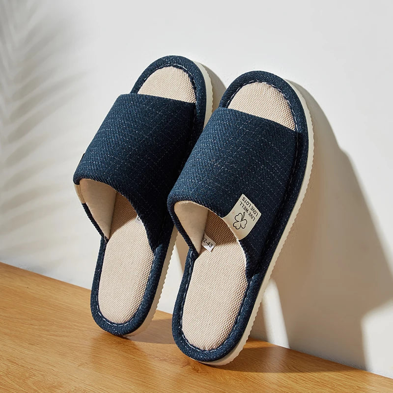 Men's Linen Slippers Breathable Open-Toe Non-Slip House Shoes, Lightweight & Quiet Slides for All Seasons, Guest Indoor Slippers