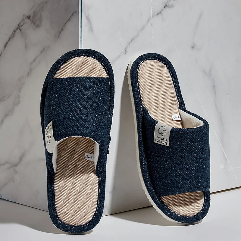 Men's Linen Slippers Breathable Open-Toe Non-Slip House Shoes, Lightweight & Quiet Slides for All Seasons, Guest Indoor Slippers