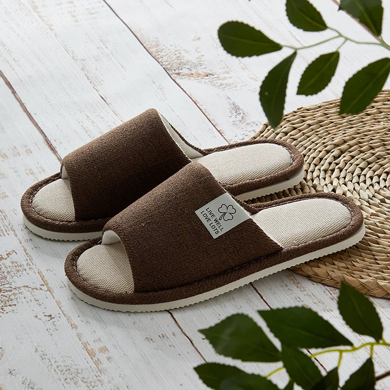 Men's Linen Slippers Breathable Open-Toe Non-Slip House Shoes, Lightweight & Quiet Slides for All Seasons, Guest Indoor Slippers